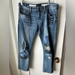 Pilcro and the Letterpress distressed patched jeans, size 29 petite.